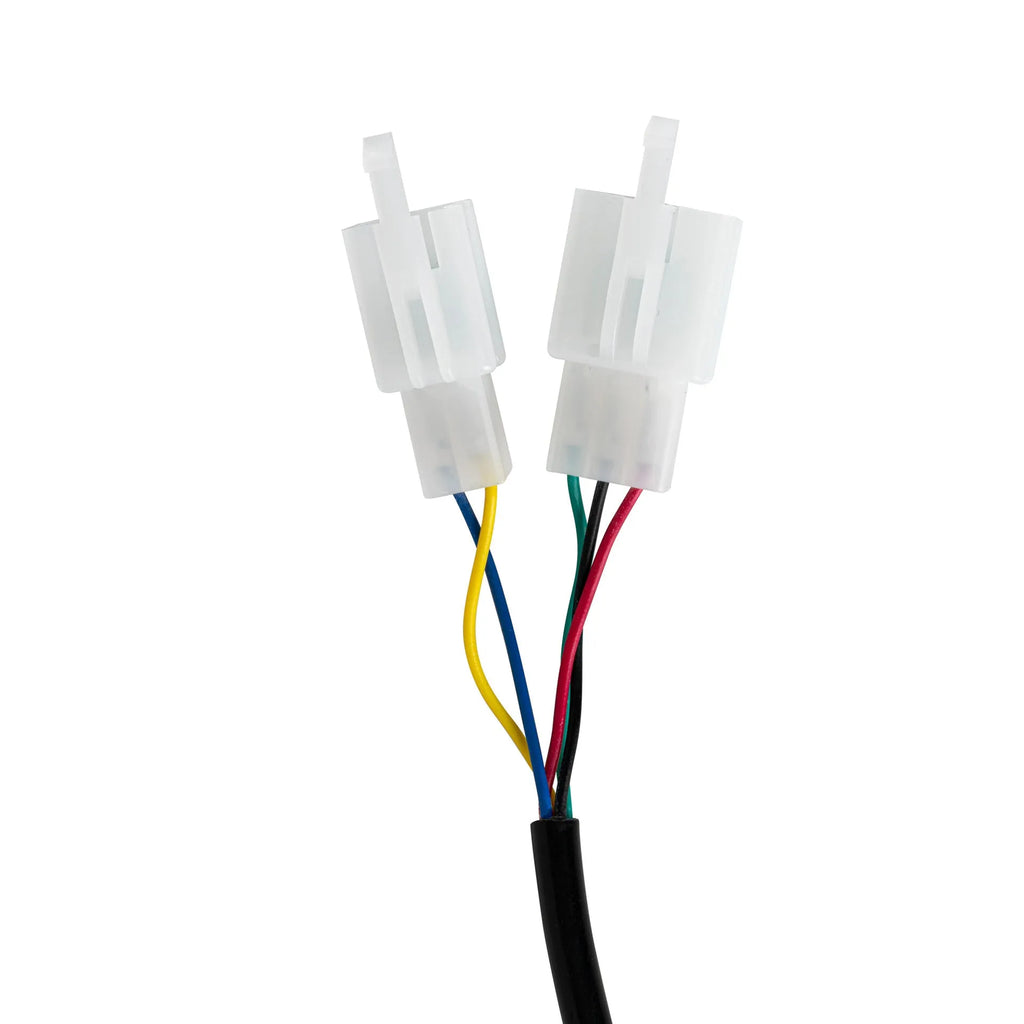 Electric vehicle handlebar section in blue, red, silver, and yellow colours, showing the PC/ABS housing.