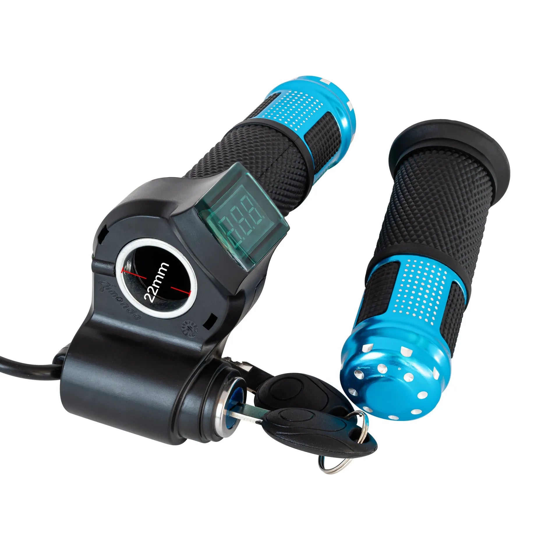 Electric vehicle handlebar section in blue, red, silver, and yellow colours, showing the PC/ABS housing.