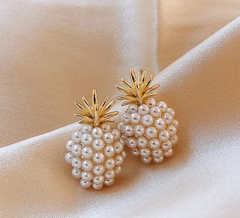 Korean style pineapple starfish pearl earrings in electroplated alloy with artificial gem inlays