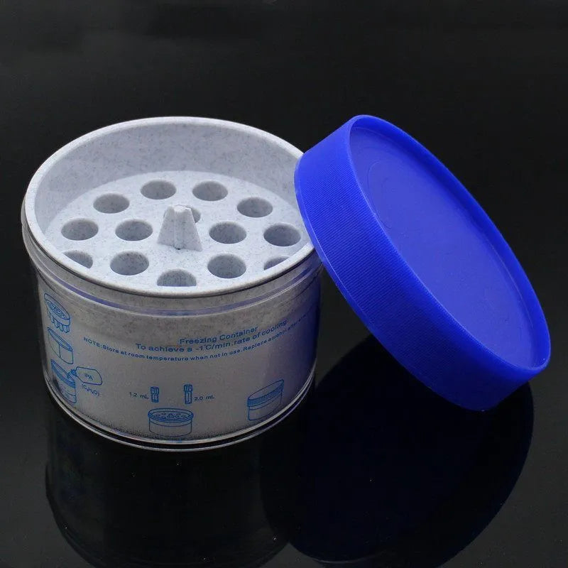 Orange metal and blue plastic cooling box with gradient freezing tool for laboratory use