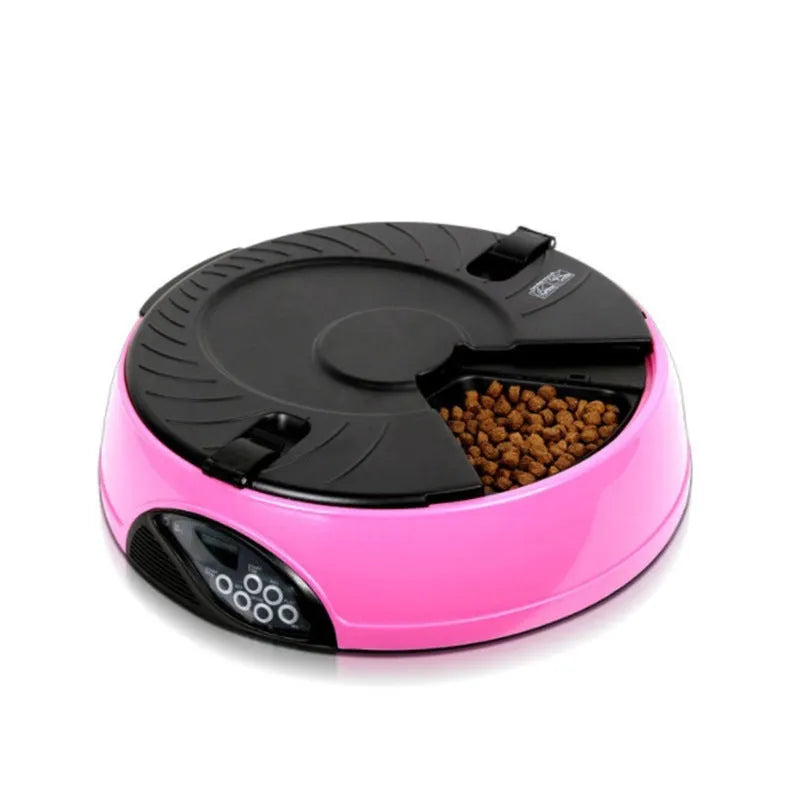 Pet automatic feeder with 6 slots, voice recorder, ABS plastic, 330ml capacity, yellow colour option