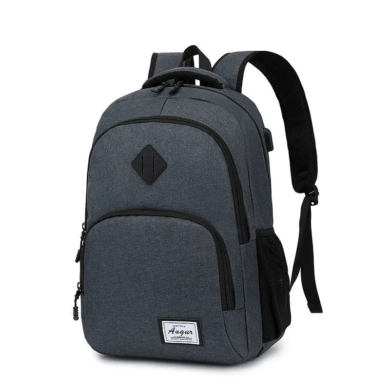 Grey lightweight charging backpack with USB port and trolley case compatibility