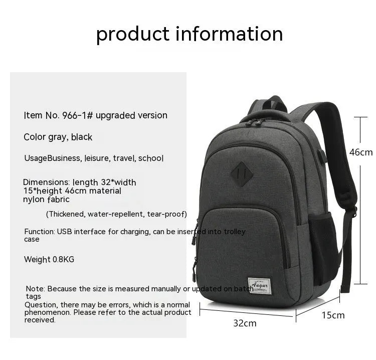 Grey lightweight charging backpack with USB port and trolley case compatibility