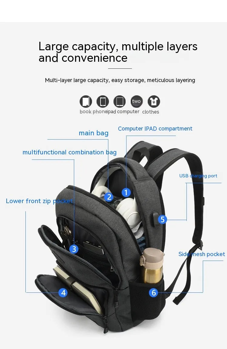 Grey lightweight charging backpack with USB port and trolley case compatibility