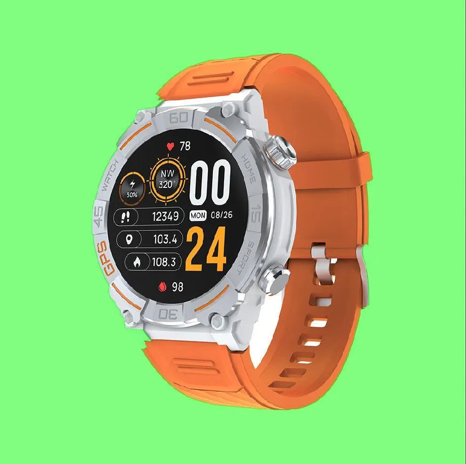 Smart watch with Bluetooth calling and health monitoring, TFT screen, available in Black, Khaki, and Silver Orange
