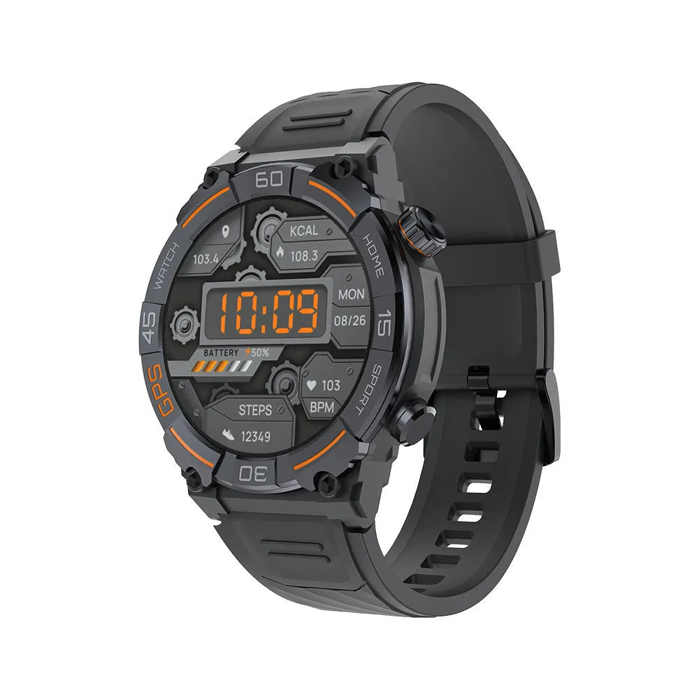 Smart watch with Bluetooth calling and health monitoring, TFT screen, available in Black, Khaki, and Silver Orange