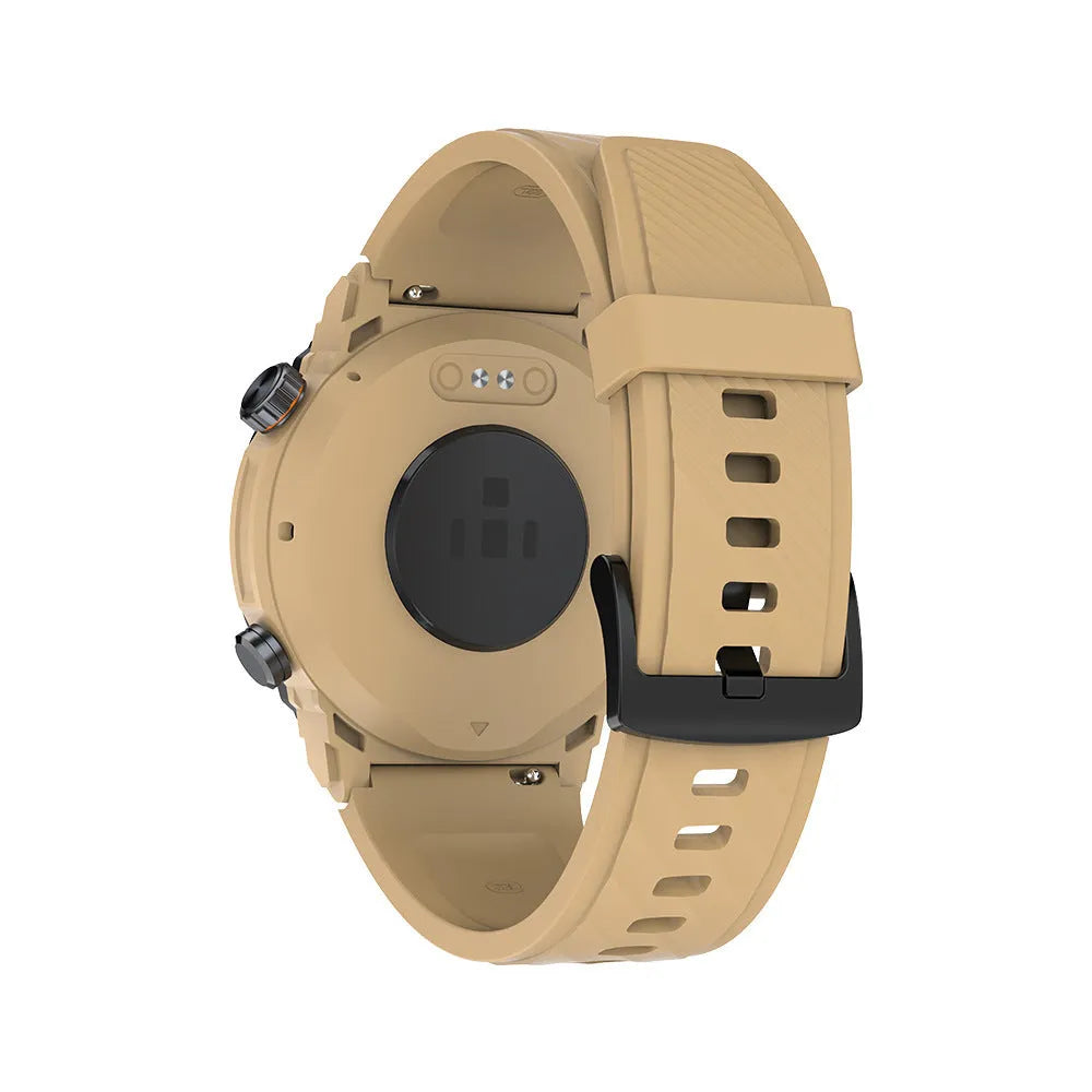 Smart watch with Bluetooth calling and health monitoring, TFT screen, available in Black, Khaki, and Silver Orange