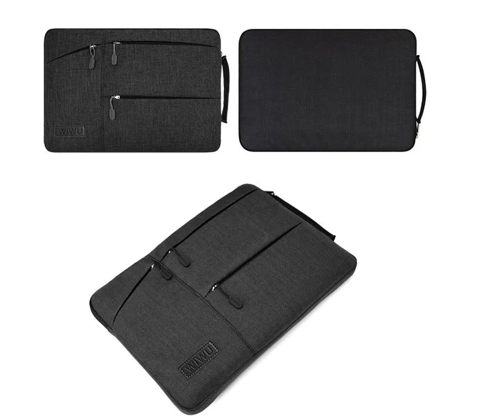 Shockproof portable laptop case in black nylon with zipper closure and interior pockets, fits 15.6 inch laptop