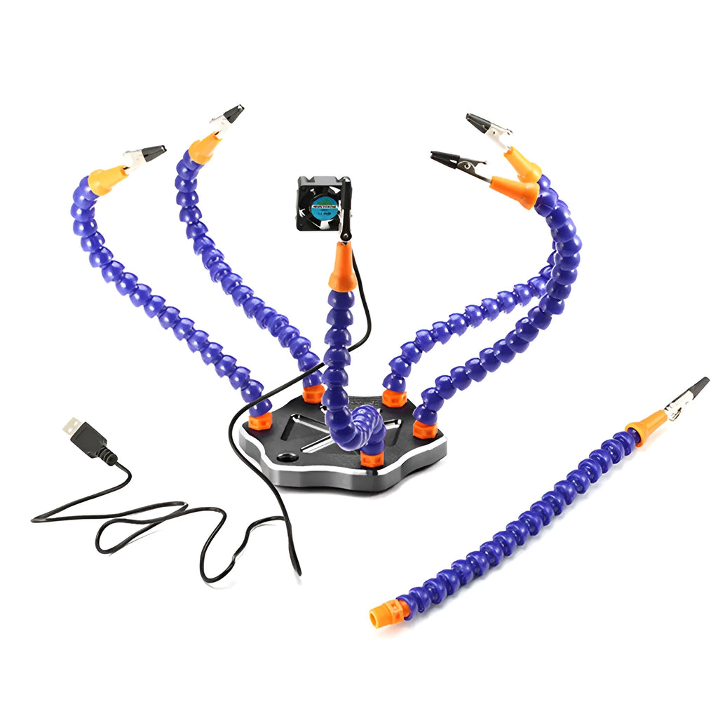 Black or purple six-claw aluminium welding station with adjustable arms for model repair.