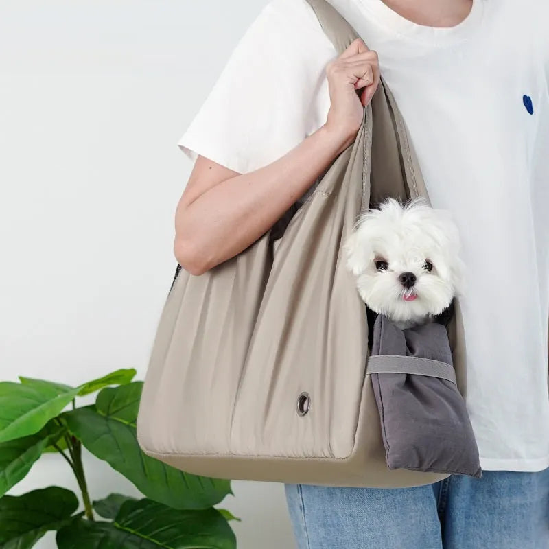 Apricot cloth pet summer handbag showing dimensions of 41cm length by 16cm width by 28cm height