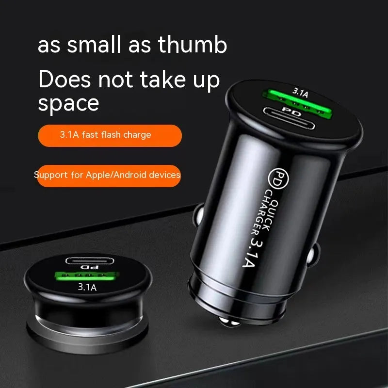 Dual port USB car charger converter in black with bare metal ports for 12V 24V vehicles