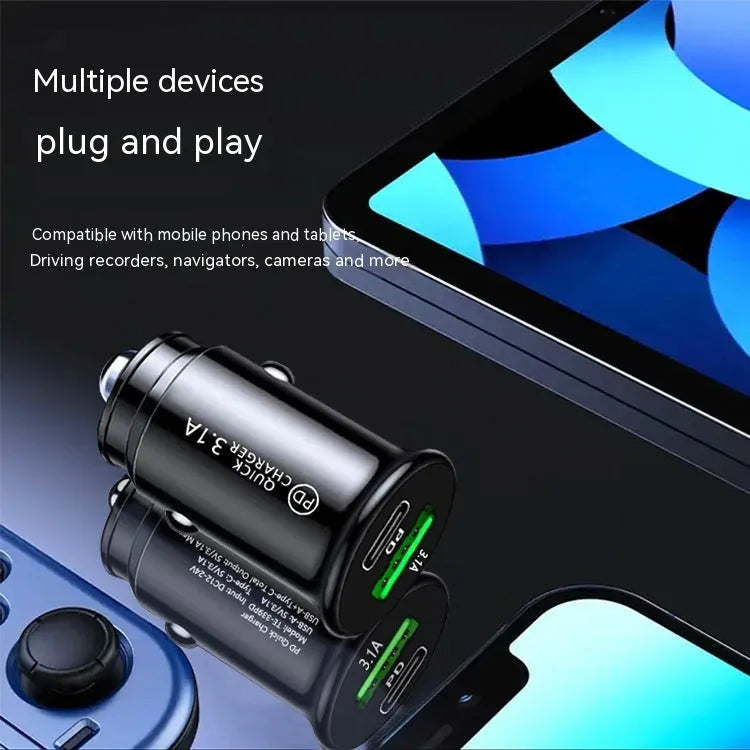 Dual port USB car charger converter in black with bare metal ports for 12V 24V vehicles