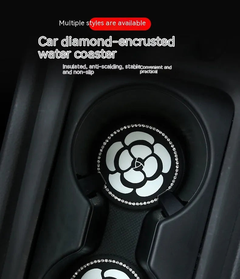 Plastic car water cup mat in black and white checkerboard with drill detailing on a non-slip surface for cup holder use