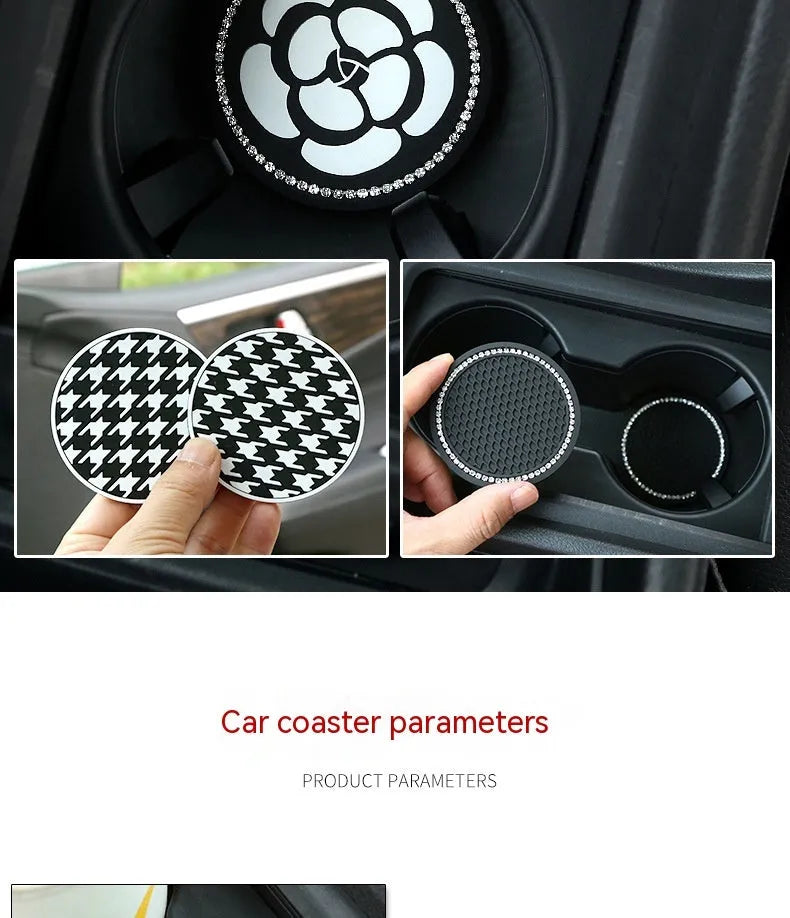 Plastic car water cup mat in black and white checkerboard with drill detailing on a non-slip surface for cup holder use