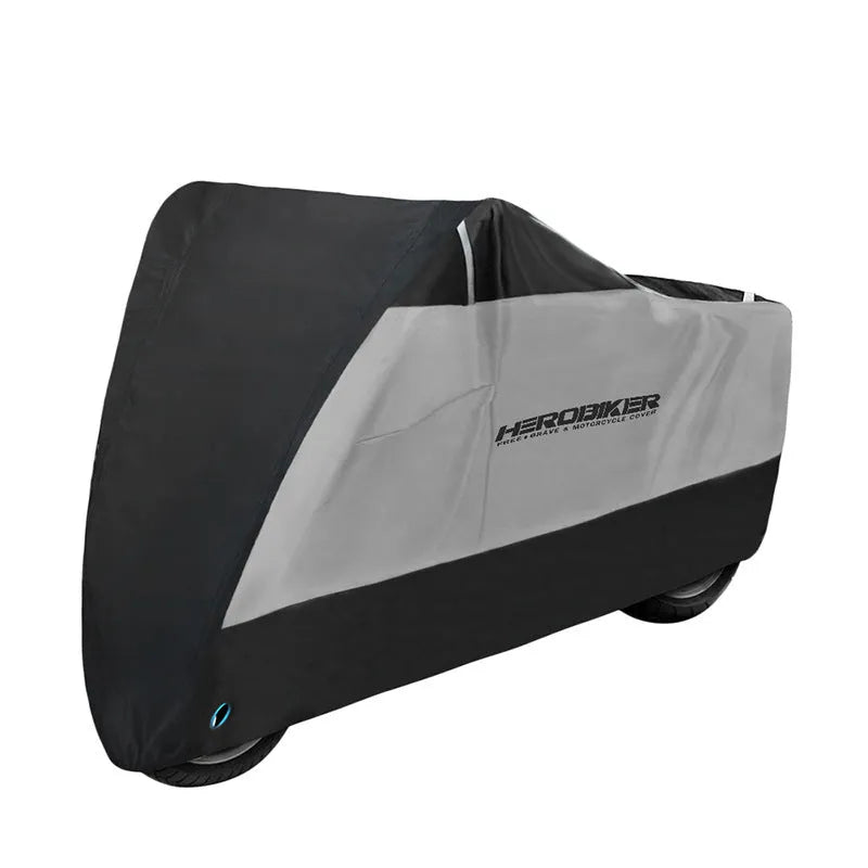Black and silver polyester motorcycle rain cover with anti-theft and heat insulation features