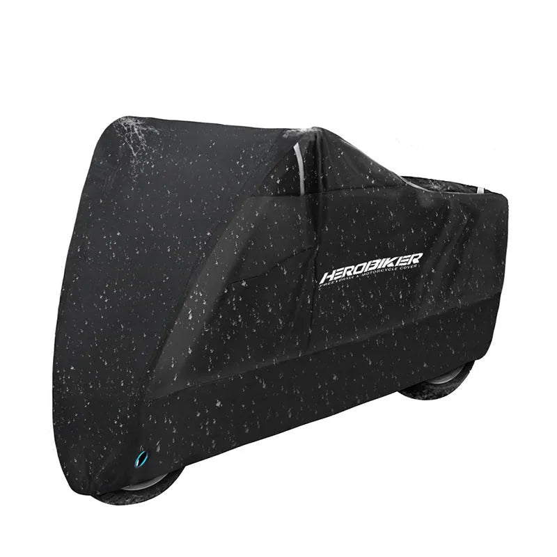 Black and silver polyester motorcycle rain cover with anti-theft and heat insulation features