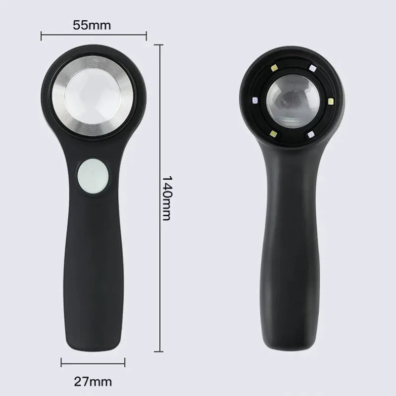 Handheld appraisal magnifying glass with optical glass lens in black and silver on white background