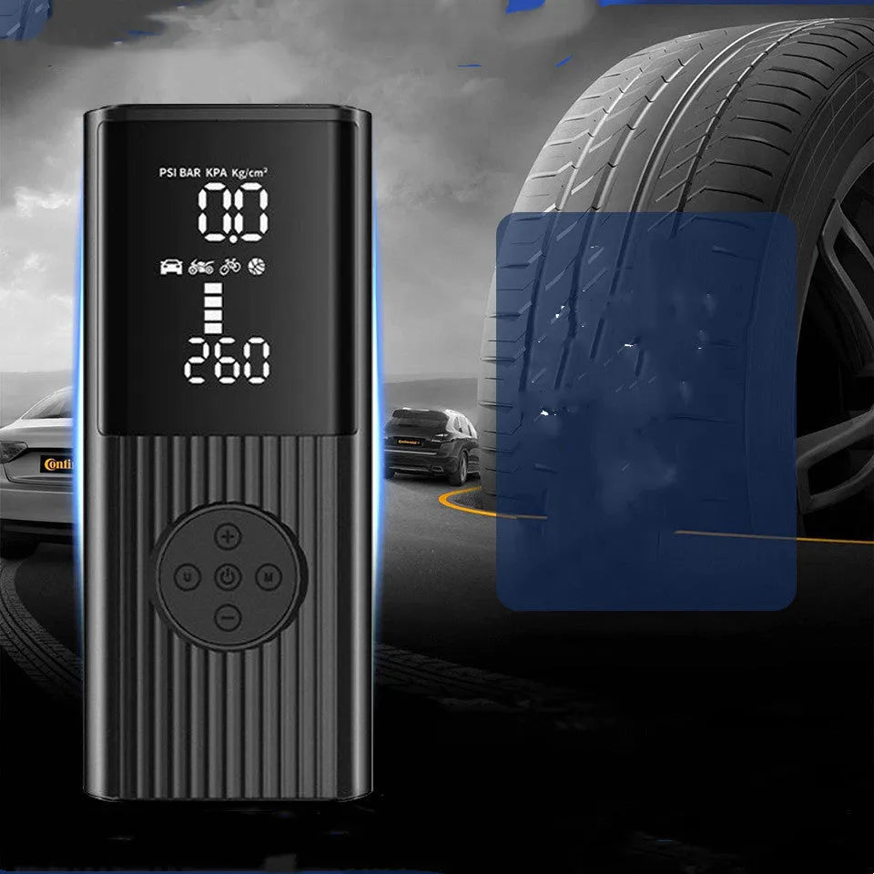 Multi-function high-power wireless car air pump with 100W power, ABS PC casing, and lighting feature