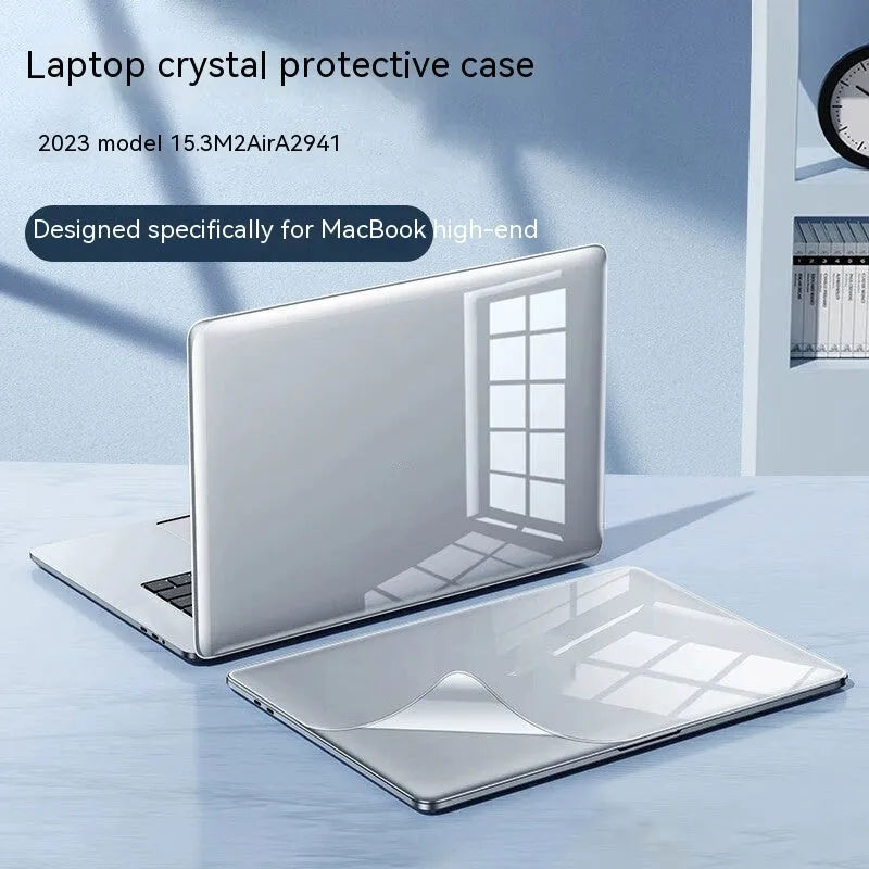 Hard shell protective case for MacBook in crystal transparent finish showing drop-resistant design