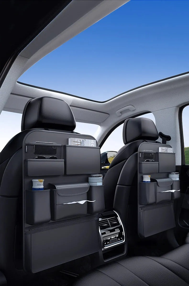 Black leather-look car seat back storage hanging bag with handle, two size options available