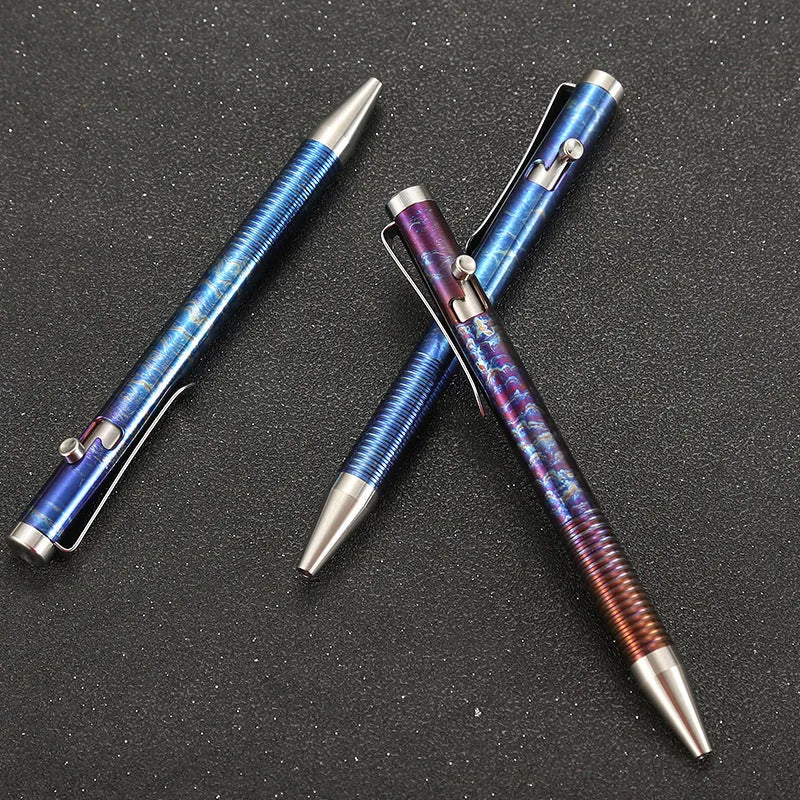 Titanium alloy gun bolt handle ball pen with magic colour phantom finish showing length and diameter