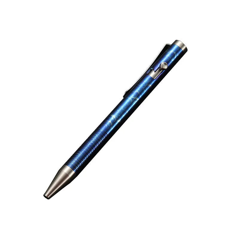 Titanium alloy gun bolt handle ball pen with magic colour phantom finish showing length and diameter