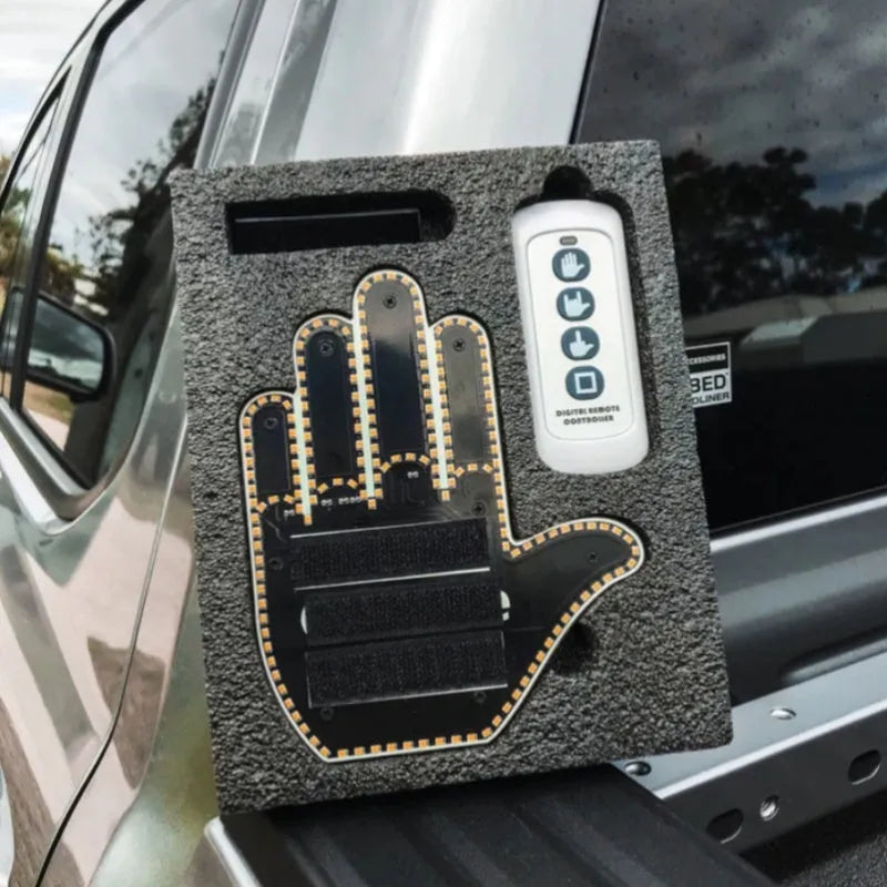 Black plastic gesture light with 176 LED beads showing a middle finger gesture, with remote control