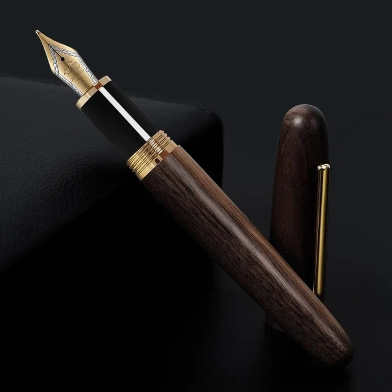 Wooden rotating cap pen with natural wood barrel and metal tip, business calligraphy pen