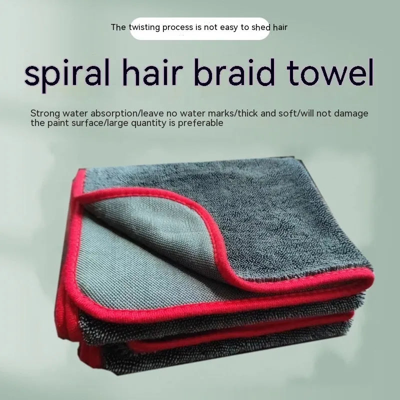 Microfibre automobile cleaning cloth car wash towel with spiral hair and hemmed edge, grey black edge, multi-size option