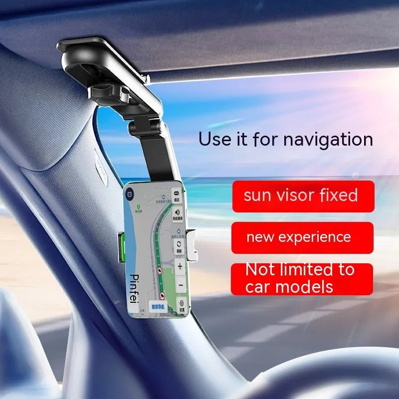 Car multi-function mobile phone bracket in black and green clip mounted on dashboard
