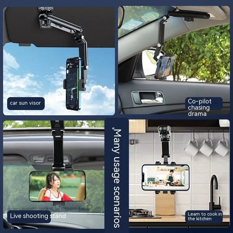 Car multi-function mobile phone bracket in black and green clip mounted on dashboard