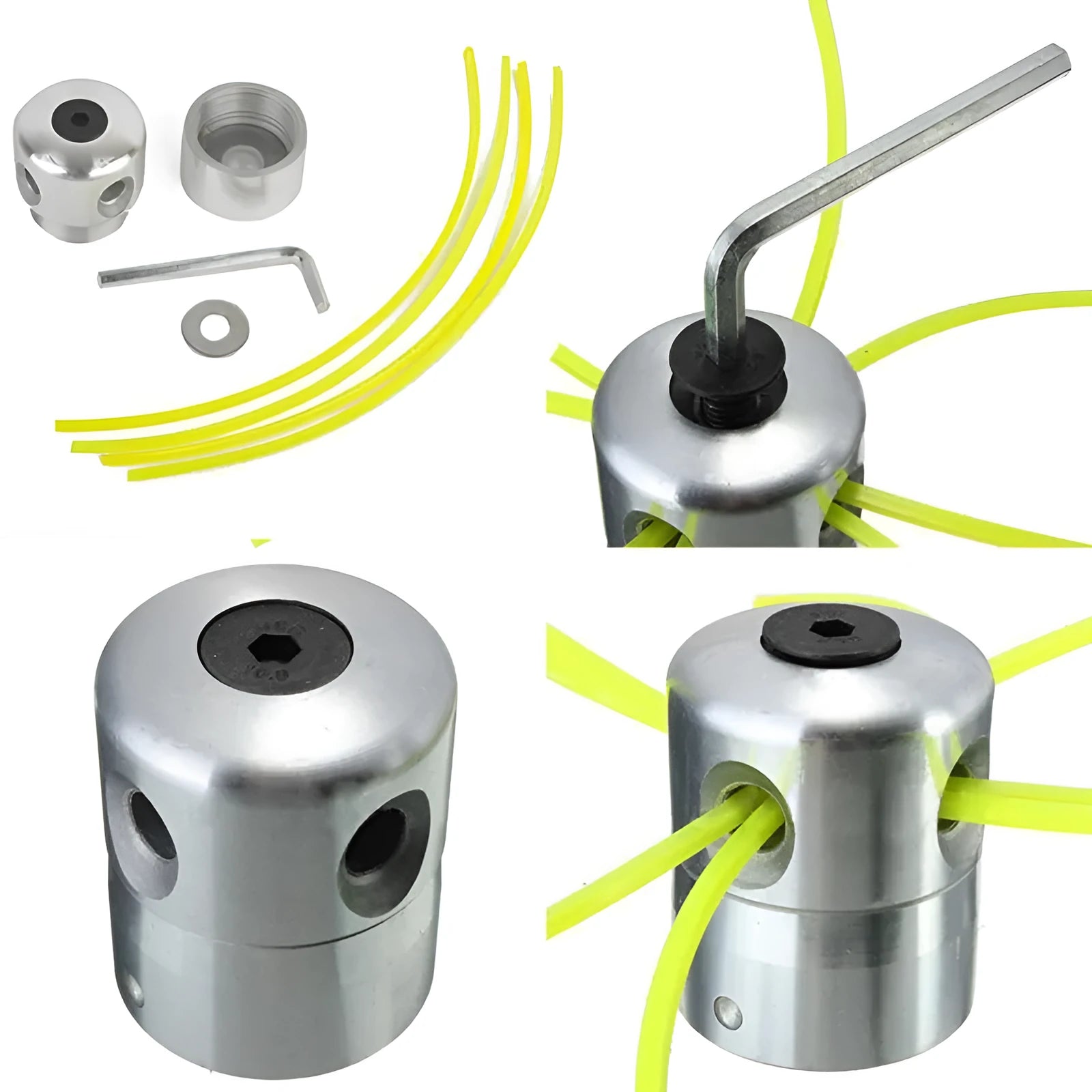 Silver aluminium lawn mower grass head with four light yellow square ropes and installation tools