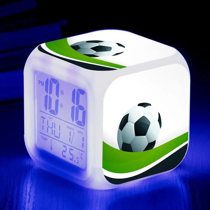 Children's square alarm clock with football cartoon pattern and mute alarm function