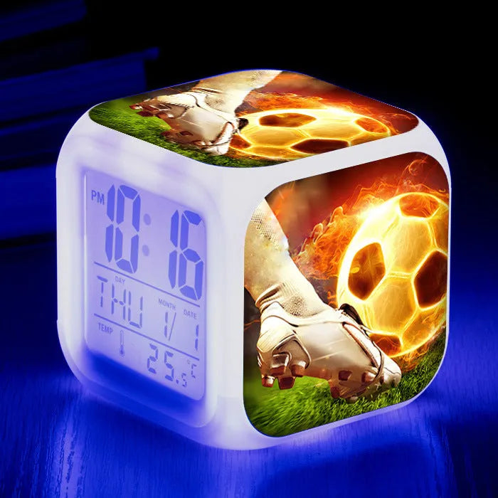 Children's square alarm clock with football cartoon pattern and mute alarm function