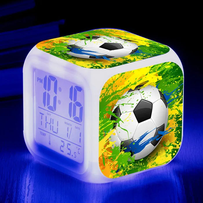 Children's square alarm clock with football cartoon pattern and mute alarm function