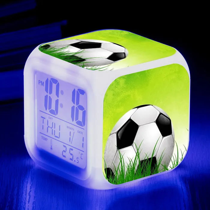 Children's square alarm clock with football cartoon pattern and mute alarm function