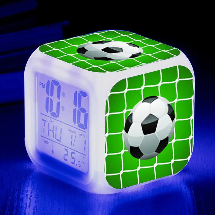 Children's square alarm clock with football cartoon pattern and mute alarm function