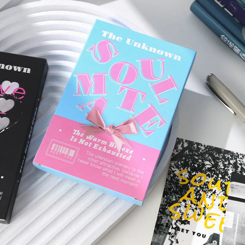 Box of fresh-style printed postcards showing the two design models for gift messages.