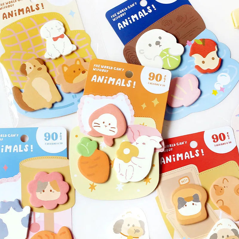 Animal shaped sticky note set with six colourful cover designs including bunny and sea otter themes