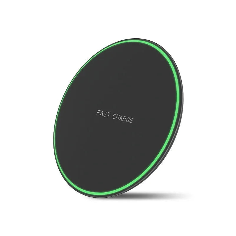 Ultra-thin round wireless charger in white with Type-C cable, 15W fast charging pad for desktop