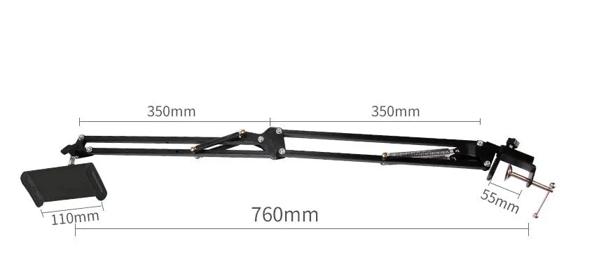 Support phone tablet stand in black on a desk, holding a smartphone for hands-free viewing