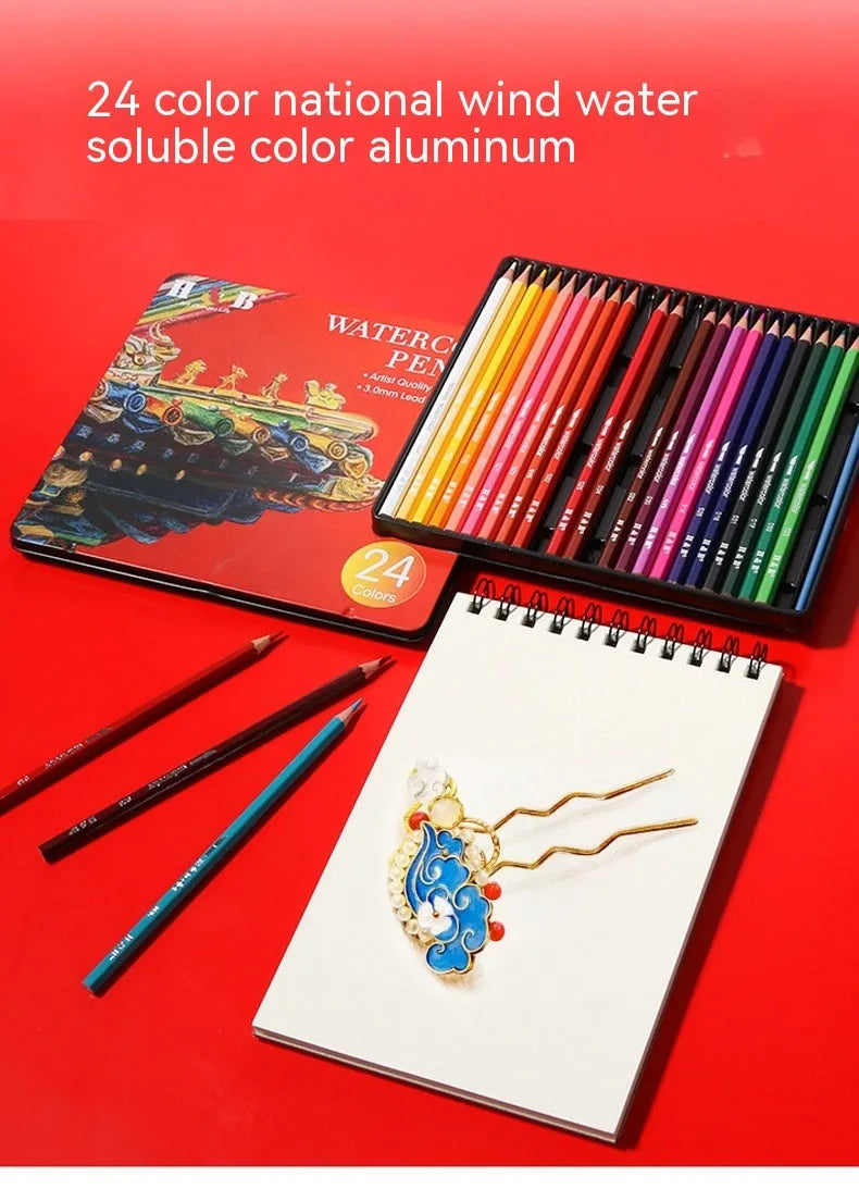 Water-soluble coloured pencil set with 24 colours in iron storage box showing pencil dimensions