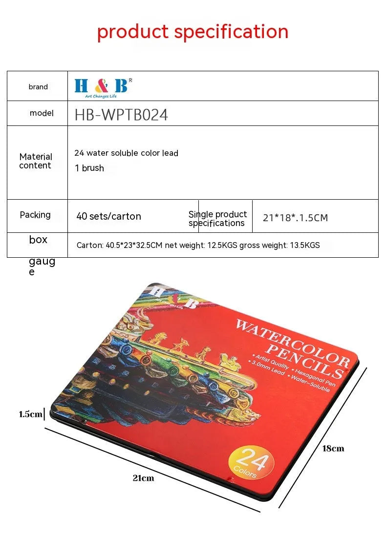 Water-soluble coloured pencil set with 24 colours in iron storage box showing pencil dimensions