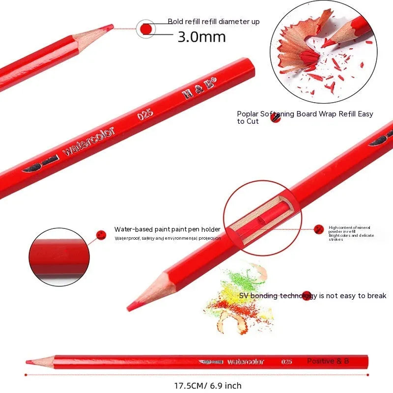 Water-soluble coloured pencil set with 24 colours in iron storage box showing pencil dimensions