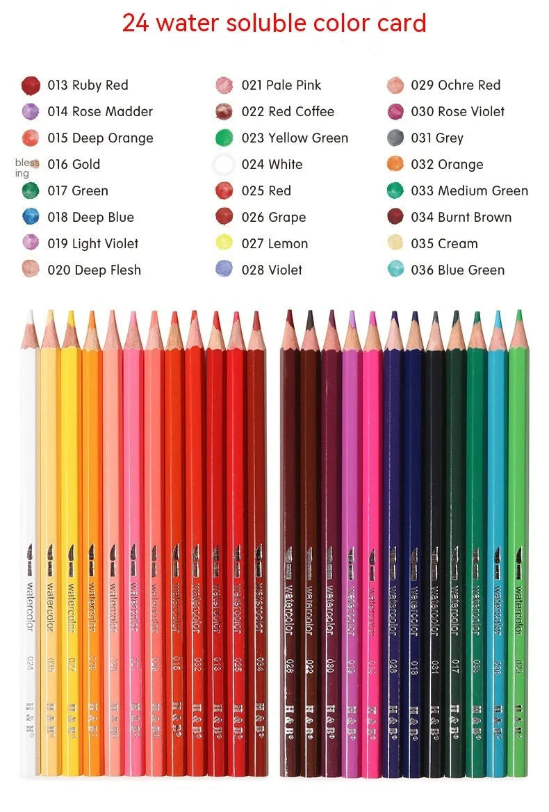 Water-soluble coloured pencil set with 24 colours in iron storage box showing pencil dimensions