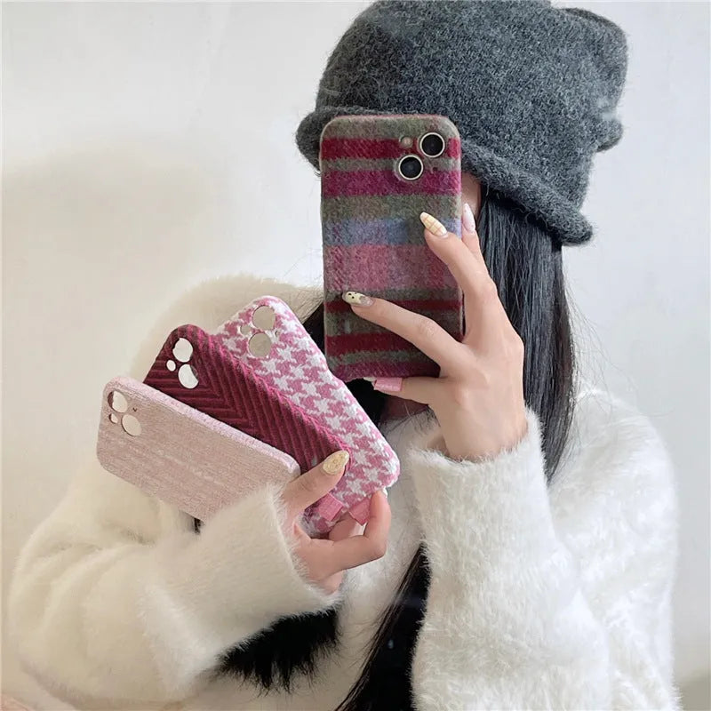 Ins Houndstooth drop-resistant TPU phone case for iPhone, pitaya herringbone pattern back cover