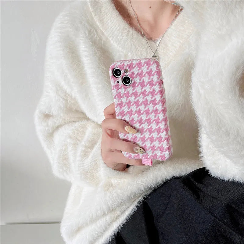 Ins Houndstooth drop-resistant TPU phone case for iPhone, pitaya herringbone pattern back cover