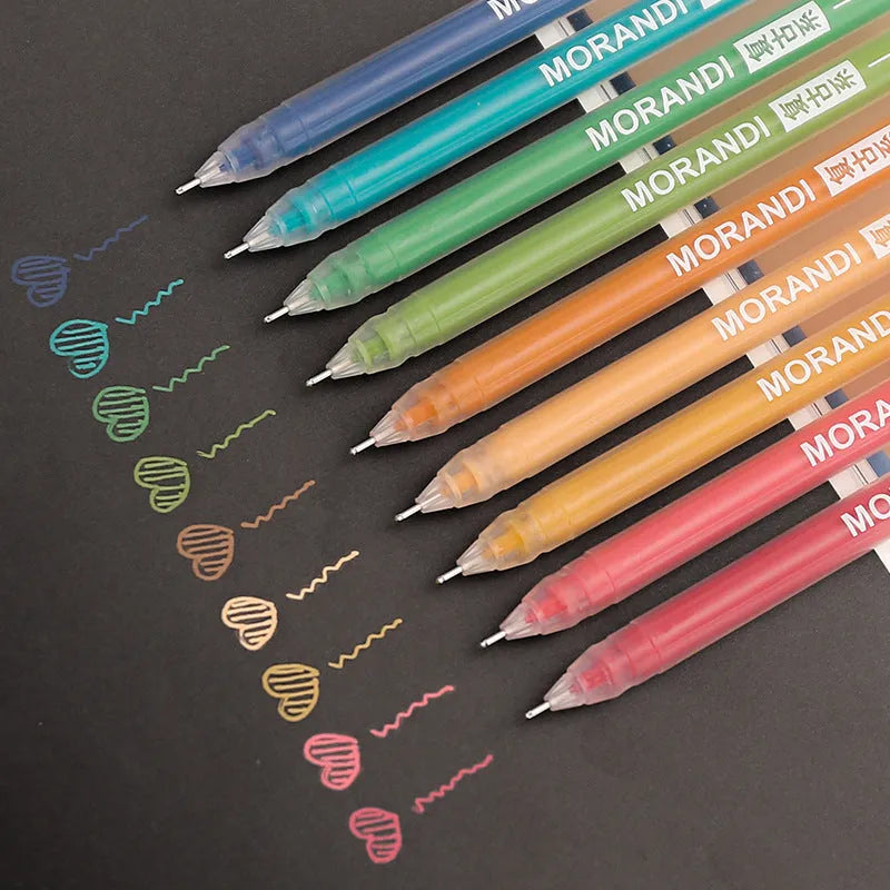 Set of nine solid colour gel pens with 0.5mm needle tips, packaged in a retro, Nordic, salt, or sweet series design.