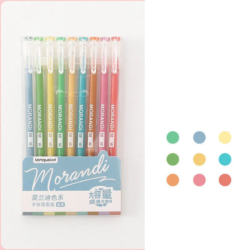 Set of nine solid colour gel pens with 0.5mm needle tips, packaged in a retro, Nordic, salt, or sweet series design.
