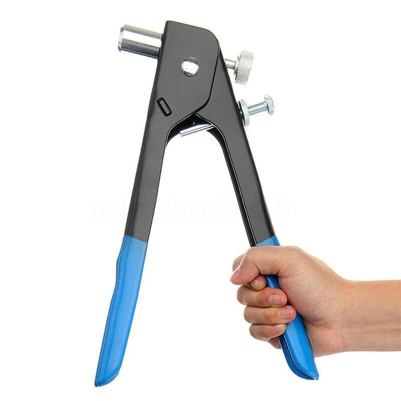 Alloy steel manual riveter nut set showing tool with assortment of nuts